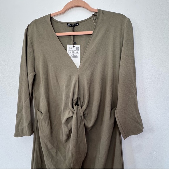 NWT Zara Minimalist Front Knot Loose Fitted Midi Dress Olive Green Sz M - Picture 3 of 12